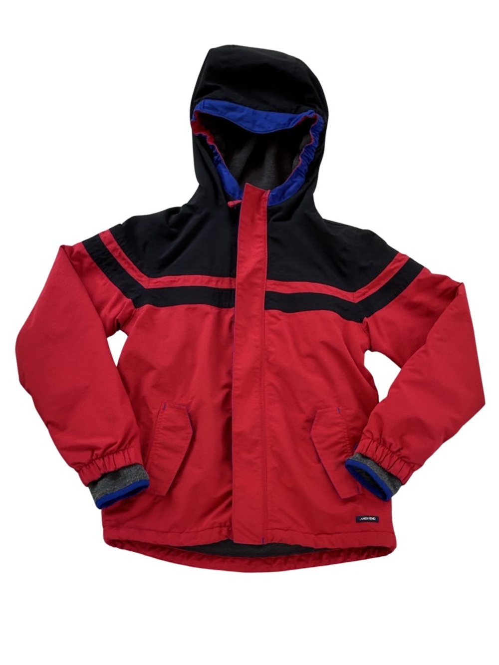 Lands' End Kids Hooded Squall Winter Coat Red & Black w Blue Trim - sz 10 / 12
